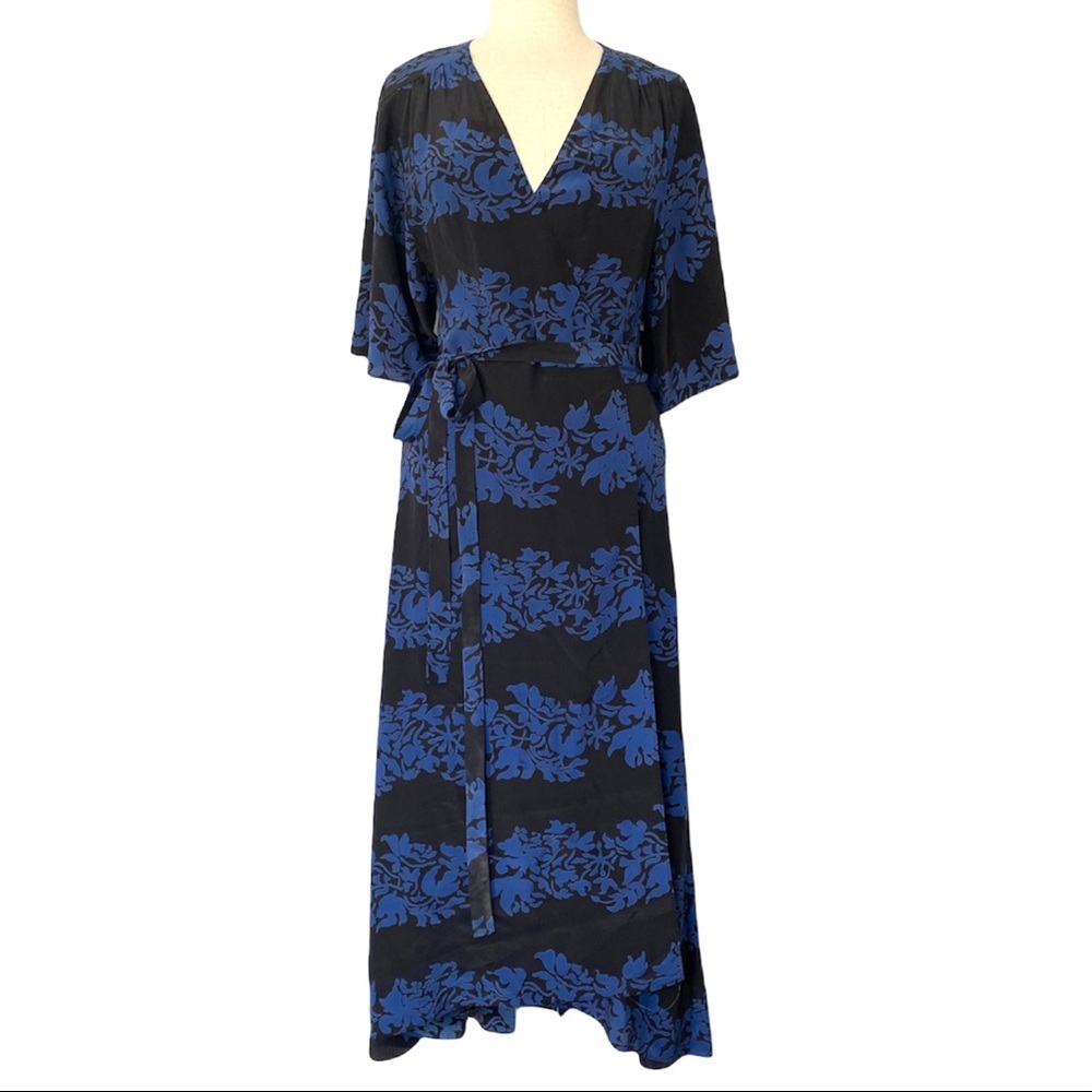 Burning Torch Circle Silk Cashmere Wrap Maxi Dress Kimono Sleeve Blue Floral - Picture 2 of 10